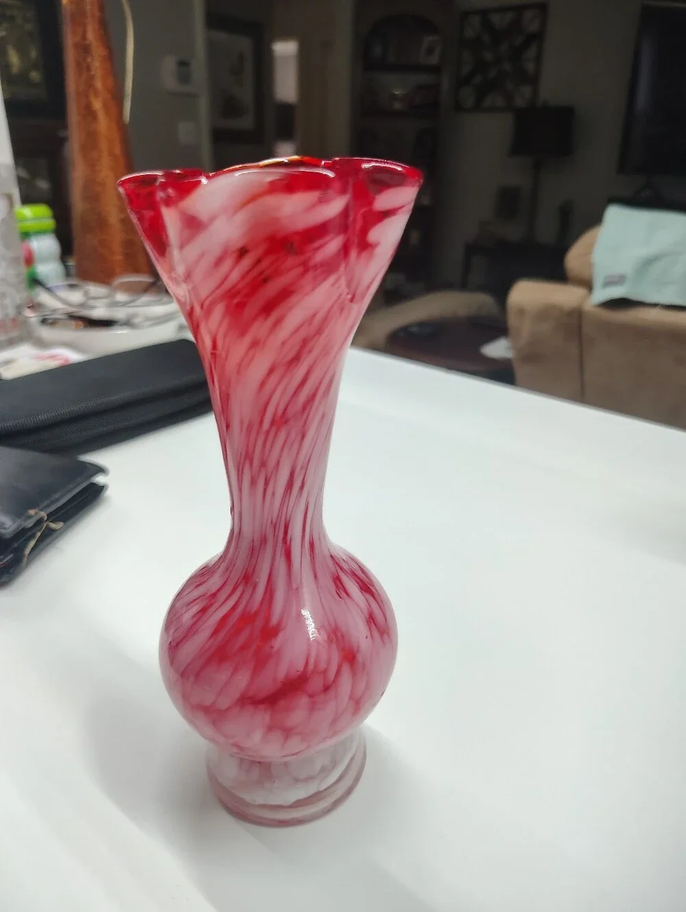 Red and White handblown Swirled Art Glass Vase